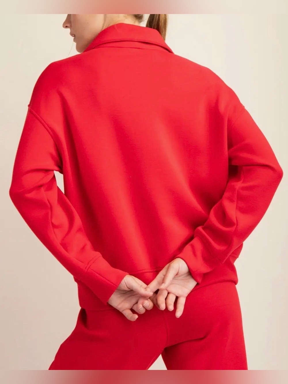 Modal Mock Neck Red Half-Zip Pullover Sweatshirt - Picture 2 of 3